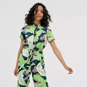 ASOS DESIGN shirt jumpsuit with tie waist in leaf print